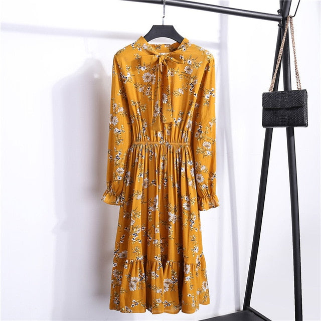 Summer Korean Chiffon Women Dress Elegant Ladies Vintage Long Dress Boho Floral Office Long Sleeve Vestidos Clothing 5LYQ003