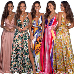 Summer dress 2019 Floral Sexy Maxi dress Long Pleated Dresses Backless robe femme V neck longue evenning-dress