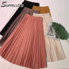 Image of Surmiitro Elegant Solid Midi Pleated Skirt Women 2020 Spring Ladies Korean Red Black High Waist A-line School Long Skirt Female