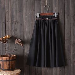 Surmiitro Knee Length Midi Summer Skirt Women With Belt 2020 Korean Ladies Blue Black Red High Waist Pleated School Skirt Female