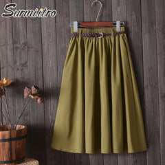 Surmiitro Knee Length Midi Summer Skirt Women With Belt 2020 Korean Ladies Blue Black Red High Waist Pleated School Skirt Female