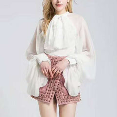 Chiffon Blouse Shirt Women Lantern Sleeve Tulle Transparent