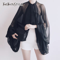 Chiffon Blouse Shirt Women Lantern Sleeve Tulle Transparent