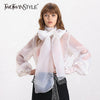 Image of Elegant Perspective Womens And Blouses Lantern Sleeve Lace Up Plus Size Shirts