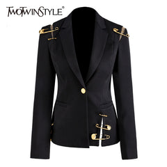 Hollow Out Patchwork Lace Up Women's Blazer Notched Long Sleeve