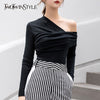 Image of Sexy Off Shoulder Asymmetric Women's T-shirts Female Slim Long Sleeve