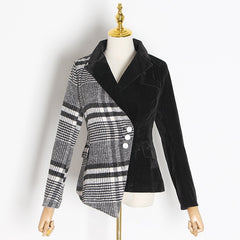 Velour Patchwork Wool Plaid Blazer Coat Female Long Sleeve Asymmetrical Women's Suits