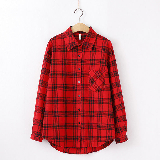 women chic over-sized plaid blouse long sleeve
