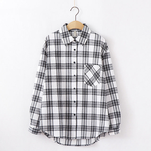 women chic over-sized plaid blouse long sleeve