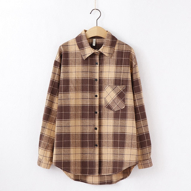 women chic over-sized plaid blouse long sleeve