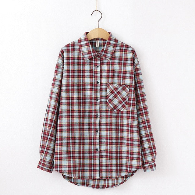 women chic over-sized plaid blouse long sleeve
