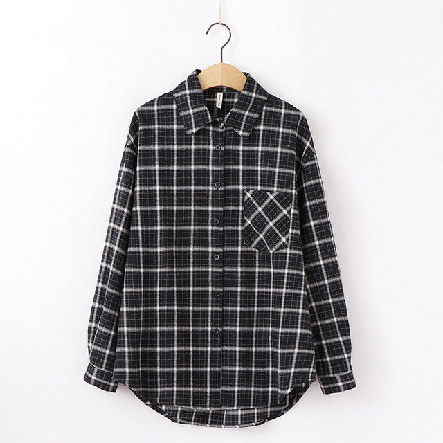 women chic over-sized plaid blouse long sleeve