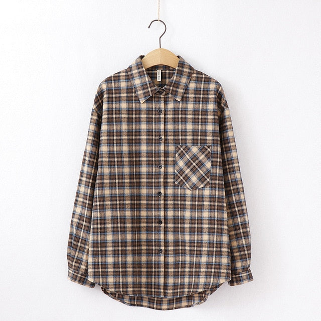 women chic over-sized plaid blouse long sleeve