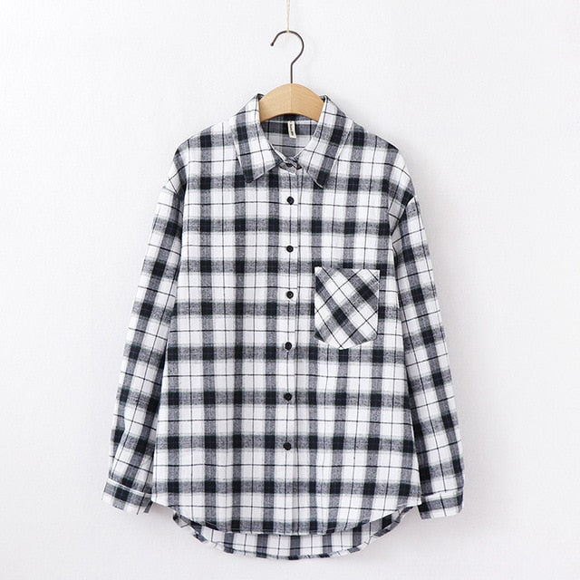 women chic over-sized plaid blouse long sleeve