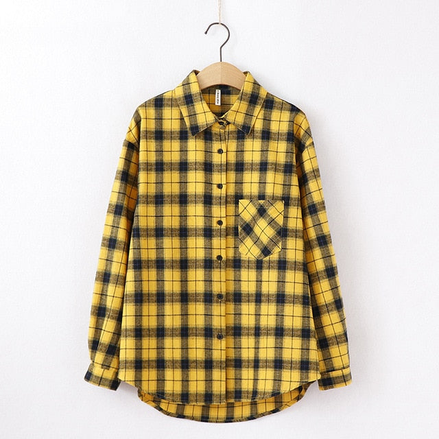 women chic over-sized plaid blouse long sleeve