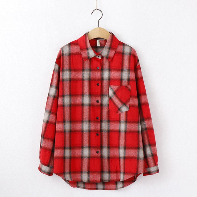 women chic over-sized plaid blouse long sleeve