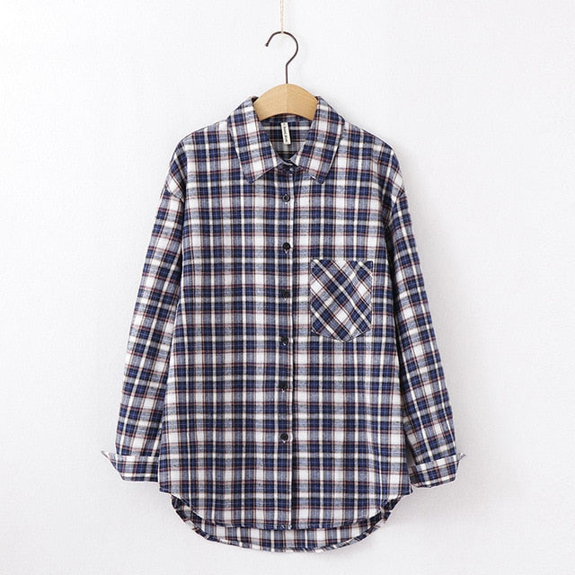 women chic over-sized plaid blouse long sleeve
