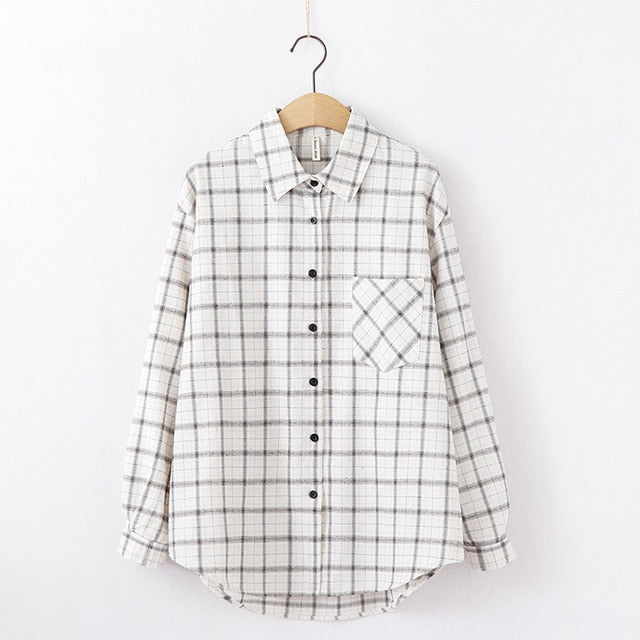 women chic over-sized plaid blouse long sleeve