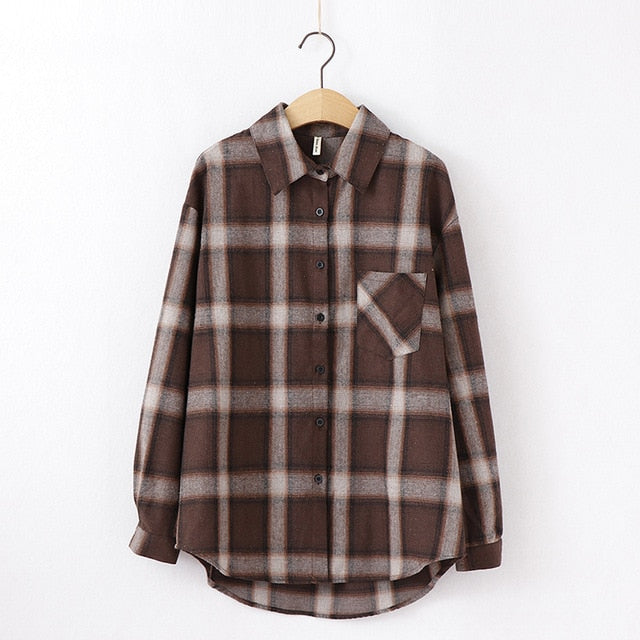 women chic over-sized plaid blouse long sleeve