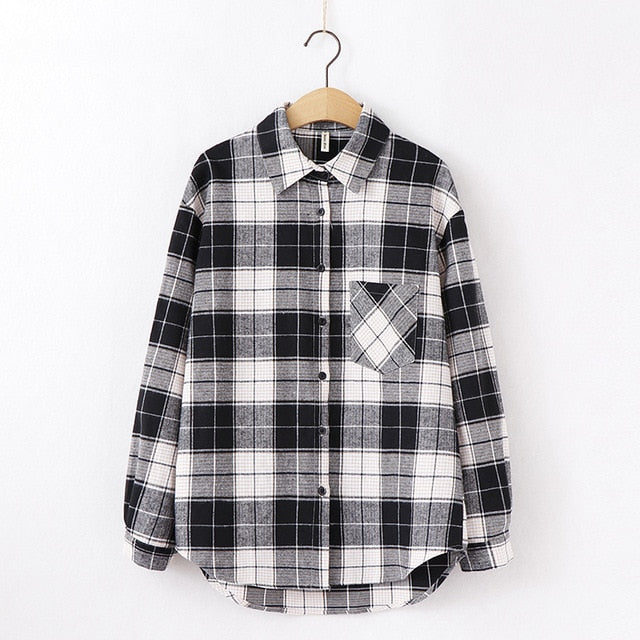 women chic over-sized plaid blouse long sleeve