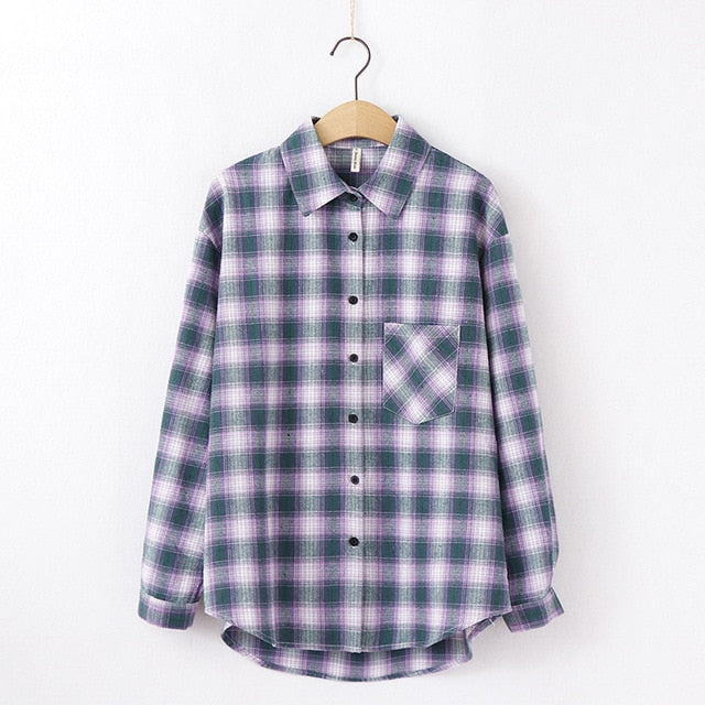 women chic over-sized plaid blouse long sleeve