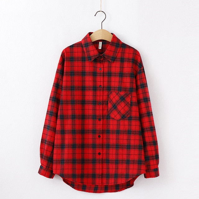 women chic over-sized plaid blouse long sleeve