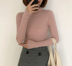 Turtleneck Ruched Women Sweater High Elastic Solid