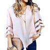 Image of V Neck Flared Sleeves Mesh Patchwork Shirts Summer Plus Size