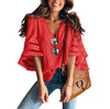 Image of V Neck Flared Sleeves Mesh Patchwork Shirts Summer Plus Size