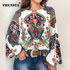 2020 Boho Blouse Floral Print Lantern Sleeve Shirt Sexy Lace-up Tassel