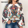 Image of 2020 Boho Blouse Floral Print Lantern Sleeve Shirt Sexy Lace-up Tassel