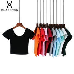 VILACOROA Best Sell Harajuku U Neck T-shirt Women Sexy Black Short Sleeve Tee Crop