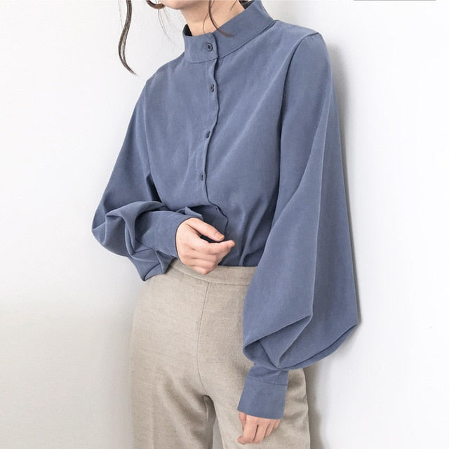 Vintage Lantern Sleeve for Autumn & Winter Thicken Women Shirt Blouses Single