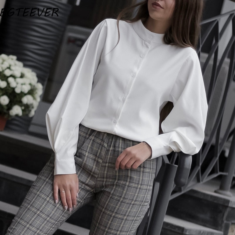 Vintage Lantern Sleeve for Autumn & Winter Thicken Women Shirt Blouses Single