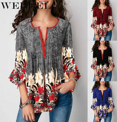 Women V-neck Blouse Casual Seven-Sleeve Shirt Ladies