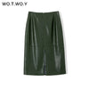 Image of WOTWOY Autumn Office Lady Faux Leather Women Skirt 2019 Formal High Waist Midi Pencil Skirt Knee-Length Back Split Skirt Womens