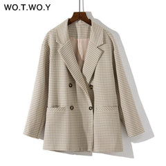 Double Breasted Plaid Blazer for Women Khaki Pocket Long Sleeve