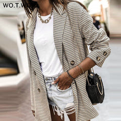 Double Breasted Plaid Blazer for Women Khaki Pocket Long Sleeve