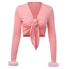 WannaThis Pink V-Neck Sexy Women Shirt Front Bandgae Lace up Long Sleeve