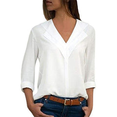 White Blouse Long Sleeve Leisure Blouse Double V-neck Women and Blouses