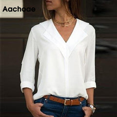 White Blouse Long Sleeve Leisure Blouse Double V-neck Women and Blouses