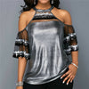 Image of Women Mesh Sequins Blouse New Lady Hollow Out Patchwork