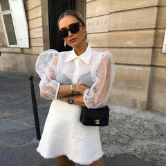 Women Mesh Sheer Blouse See-through Long Sleeve Top Shirt Blouse