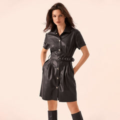 Women New Spring Pu Leather Sashes a Line Mini Dress