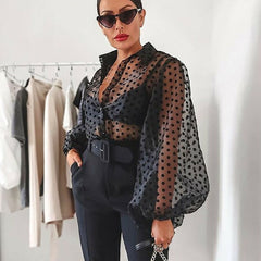 Women Polka Dot Retro Blouse Lady Early Autumn Modern Mesh Shirt