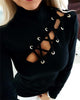 Image of Women Sexy Hollow Out Slim Fit Long Sleeve Casual Round Neck Shirt