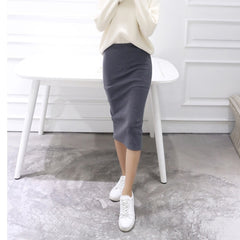 Women Solid Elegant Sexy Split Slim Skirts Hight Waist Kintting