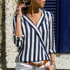 Image of Women Striped Blouse Shirt Long Sleeve Blouse V-neck Shirts Casual Blouse