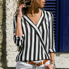 Women Striped Blouse Shirt Long Sleeve Blouse V-neck Shirts Casual Blouse