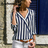 Image of Women Striped Blouse Shirt Long Sleeve Blouse V-neck Shirts Casual Blouse